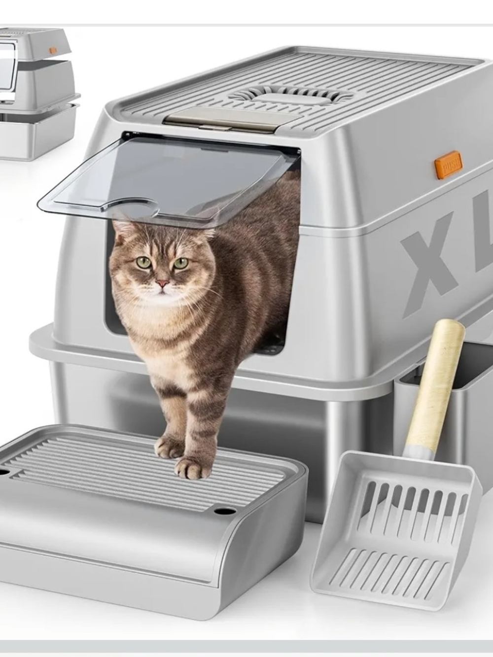 XL Stainless Steel Cat Litter Box Enclosed High Sided Anti Leak w Scoop